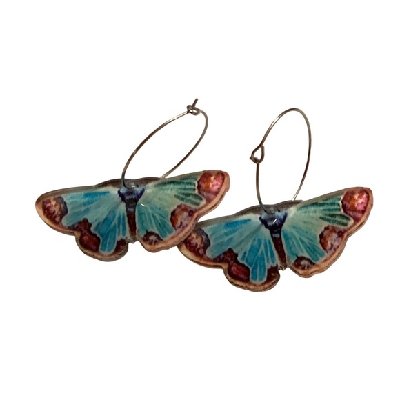 Jewelry - Butterfly Earrings Silver Tone Hoop Dangle Blue Brown Insect Jewelry